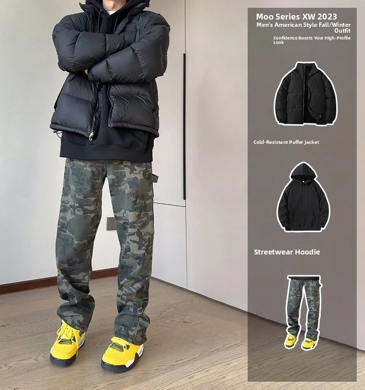 

Retro American Fce Lined Camouflage Work Pants Men's Autumn Winter Khaki Logging Workwear Trendy Brand Cool Street Sle Set