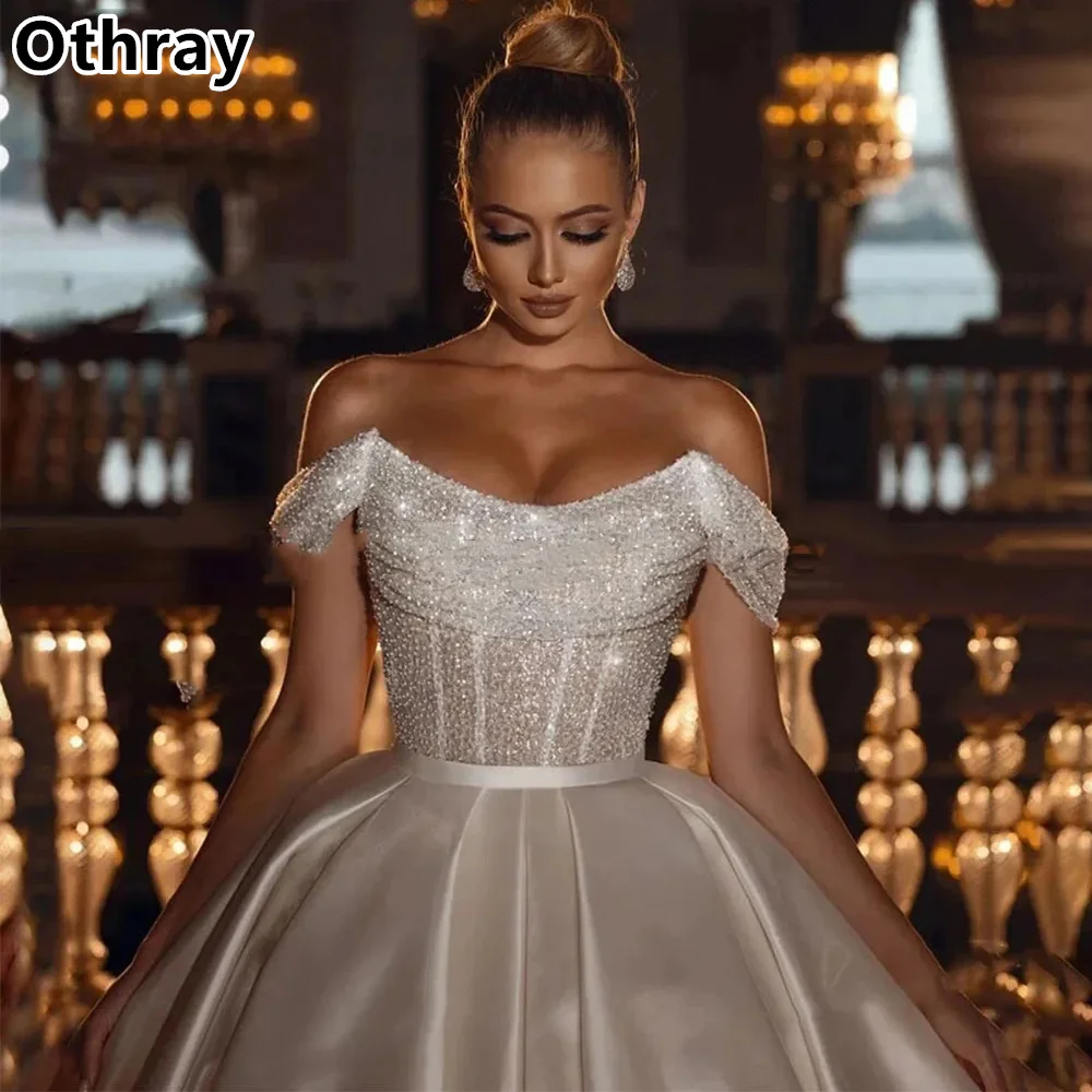 Othray Gorgeous Off the Shoulder Wedding Dresses 2025 Sequins Beads Princess Dubai Bride Gowns Satin Vestido De Noiva Robe плать