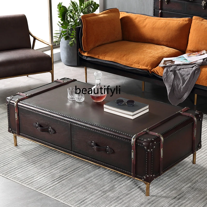

A36 American retro storage table living room leather box modern American country rattan old coffee table cigar bar chest