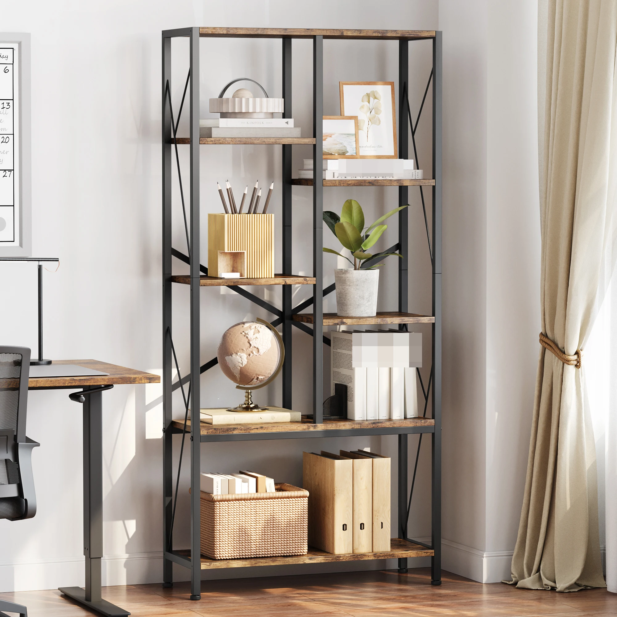 Industrial Bookshelf 80CM Split Level Vintage Storage Bookcase Tall Standing Metal Frame Open Display Racks Large Book Shelf