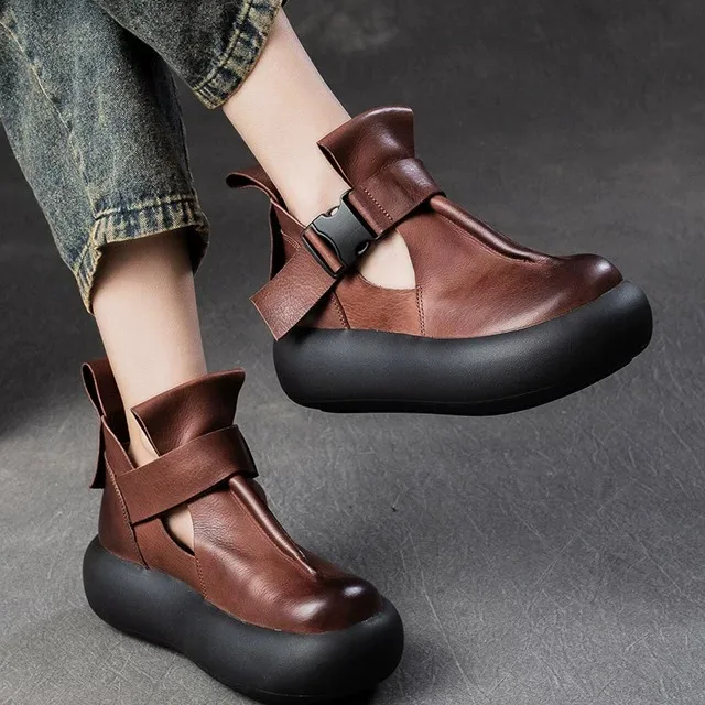 Sandalias de Plataforma de Estilo Retro con Punta Descubierta y Cuero Genuino de España, Zapatos Casuales Cómodos para Mujer ...