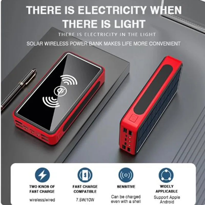 

2023New 50000mAh Wireless Solar Power Bank External Battery Portable Powerbank 2USB Fast Charging for