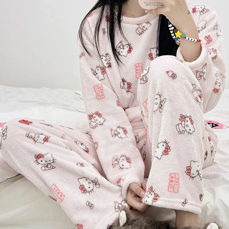 アニメハローキティ女性のパジャマ冬漫画フランネルパジャマパンツセットかわいい女の子カジュアルラウンジウェアソフトで快適