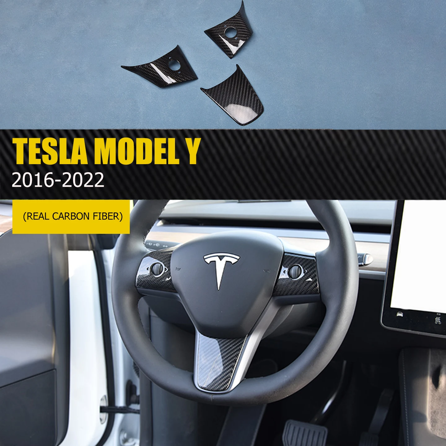 Genuine dry carbon fiber steering wheel set for Tesla 2016-2022 Model 3 and Model Y, exterior accessories