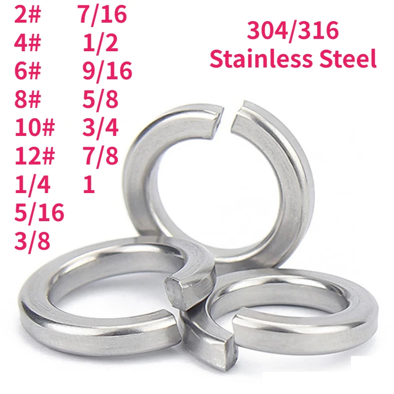 

2#-12# 1/4 5/16 3/8 7/16 1/2 9/16 5/8 3/4 7/8 1 304/316 Stainless Steel US UK Standard Spring Split Lock Washer Elastic Gasket