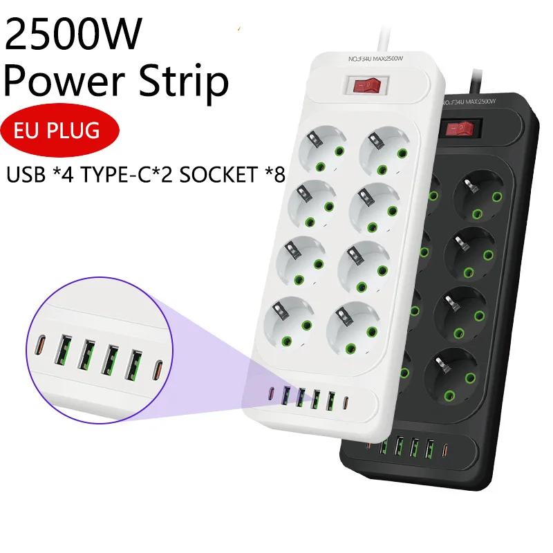 

EU Plug Power Strip With 8 AC Outlets, 4 USB & 2 Type-C Ports, 2M Extension Cable, Fast Charging, Surge Protection For Home