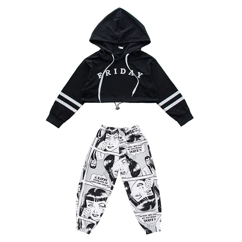 Costume de danse à manches longues pour filles, vêtements Hip Hop pour enfants, sweat à capuche, haut court, chemise Streetwear, Harajuku, sarouel