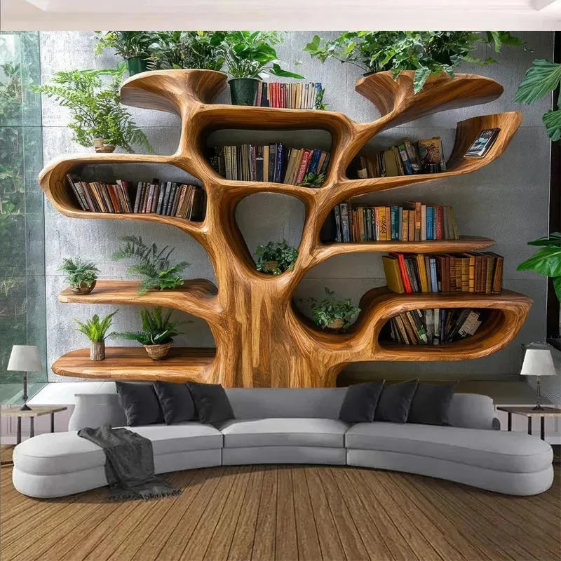 VIKAMA Tree Bookshelf Tapestry Natural Art Green Plants Retro Forest Style Living Room Room Decoration