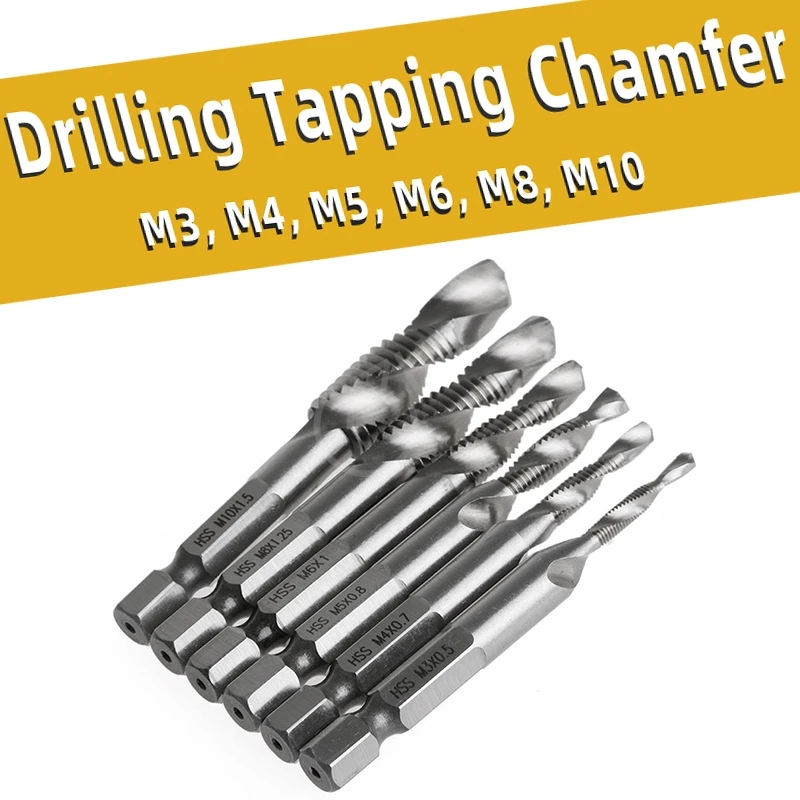 

6 Pcs Multifunctional Tap Set Drill Tapping Chamfer 1/4 Hex Shank HSS Metal Drill Bit Set For Woodworking Carpentry Tool Key Kit