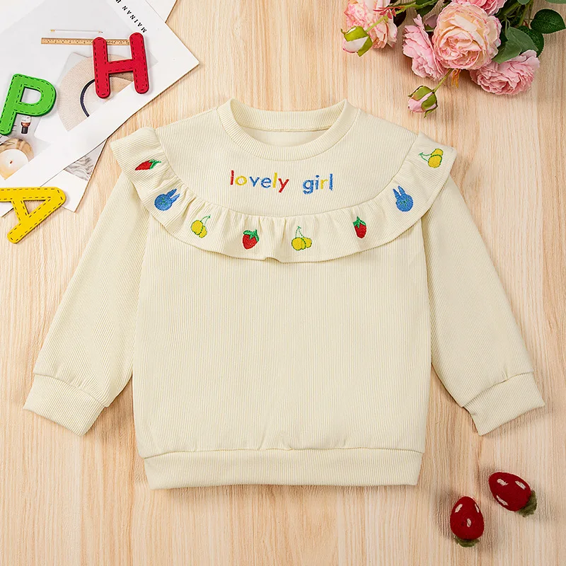 Girls' Autumn and Winter New Round Neck Cartoon Cute Simple and Versatile Lace Collar Embroidered Long Sleeved Hoodie