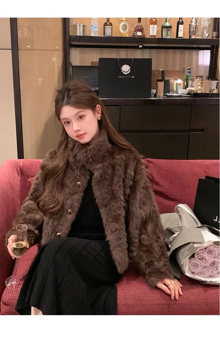 Stand Collar High-Quality Fur Imitation Mink Fur One-Piece Women's Short Jacket Fur Top