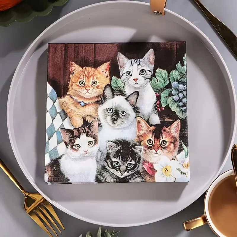 20pcs Restaurant printed cat napkins, cute kitten square animal decorative tissue, tissue board decoration, holiday scene decora