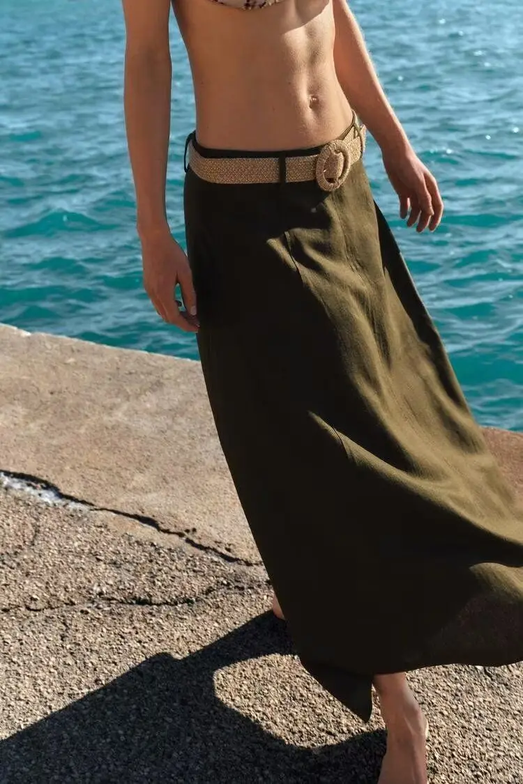 

VIntage Women Green Beige Skirt 2024 Fashion Spring Summer Casual Commute Belt Skirt Waistband Flax Blend Cape Skirt