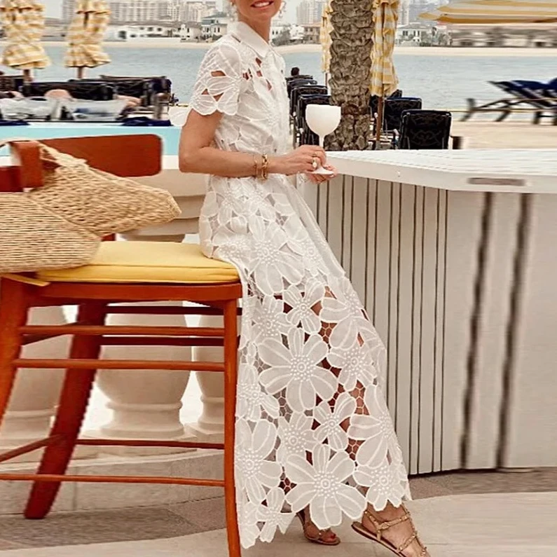 

Summer Women‘s Lace Dress - Lapel Tie Up Design with Sexy Hollow Out & Short Sleeve, Casual Solid Color Long Holiday Dress