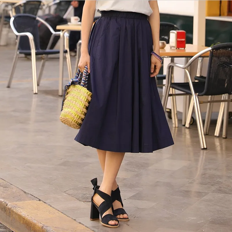 Woman cotton linen long skirts 2026 spring summer solid casual A-Line pockets high waist skirt loose blue female chic streetwear