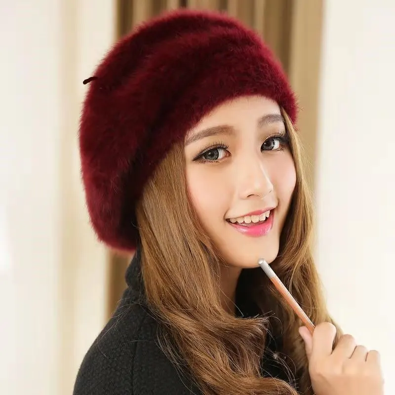 Warm Rabbit Fur Beret Hat for Women Fashionable Korean Style Knitted Woolen Cap Winter Season Casual Light  Color Hat