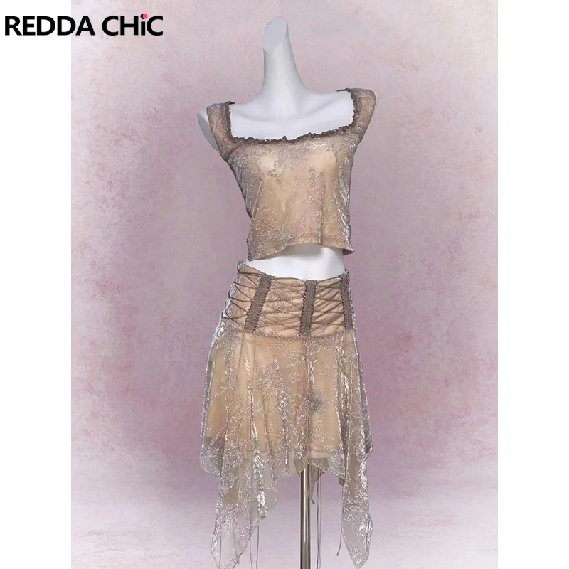 

ReddaChic Блестящий сетчатый топ телесного цвета с юбкой Женский топ на бретельках с квадратным вырезом Длинная юбка с рюшами на шнуровке с низкой талией Концертные праздничные наряды