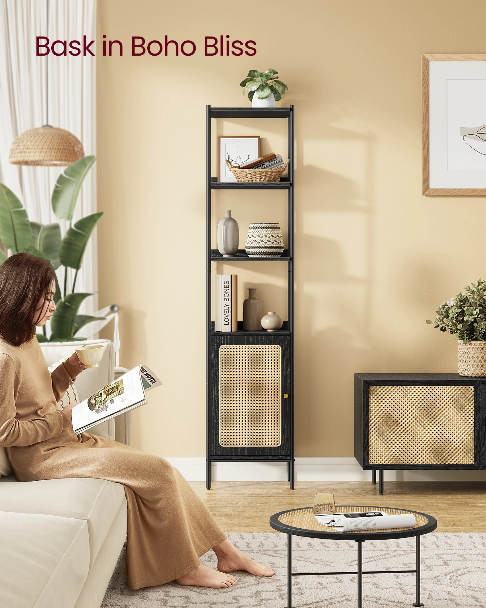 6-Tier Bookcase Freestanding Wood Book Shelf Storage Shelf with Metal Frame Slim Bookshelf with Rattan-Like Door