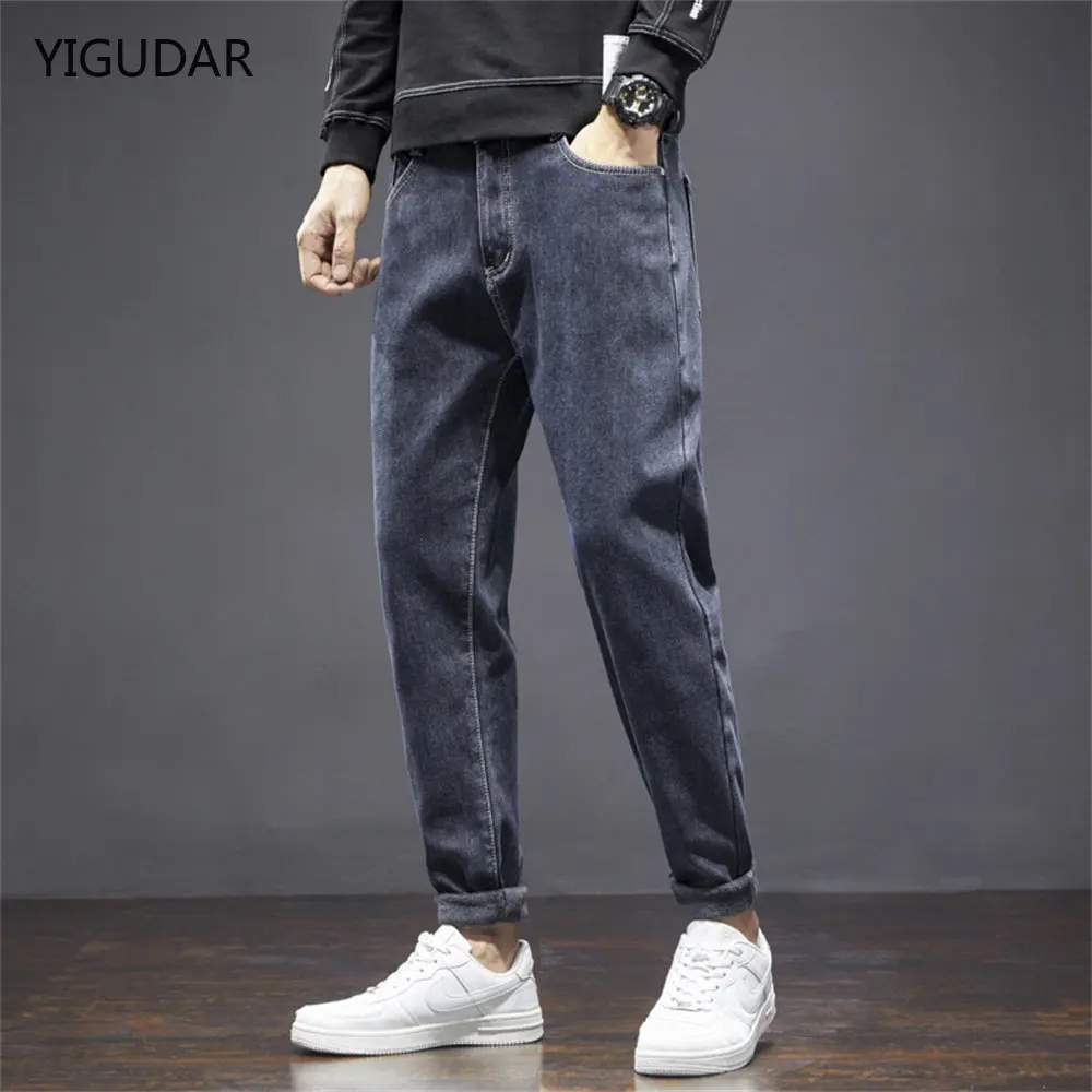 2022 Winter Men's Jeans Jogger  Harem Pants Cotton Banded Pant Korea Style Light Blue Hip Hop Beam Feet Casual Trousers Male