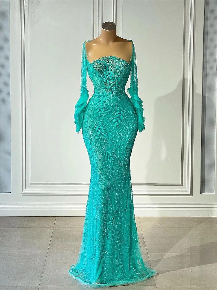 

Luxury Mermaid Evening Dresses Long Sleeves Bateau Sequins Beaded Appliques 3D Lace Hollow Diamonds Prom Dresses Custom Made