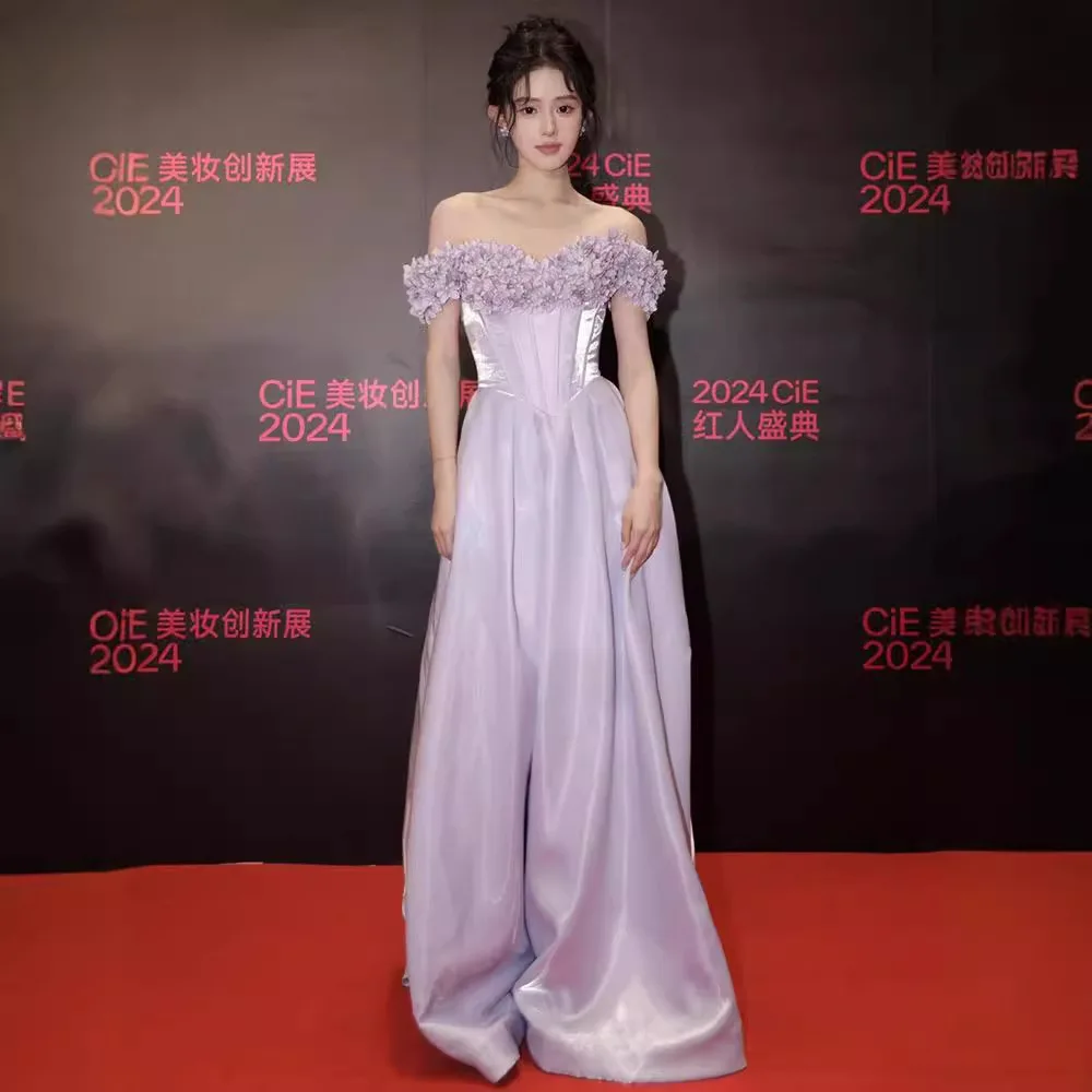 Lila Damen Abendkleider Damen 3D-Blumen aus der Schulter bodenlangen Hochzeitsparty-Kleider Maßgeschneiderte formelle Ballkleider