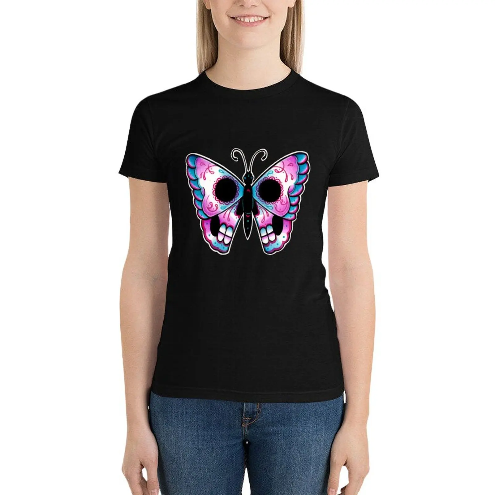 Sugar Skull Butterfly Tattoo Flash T-Shirt Female clothing summer tops tshirts for Women