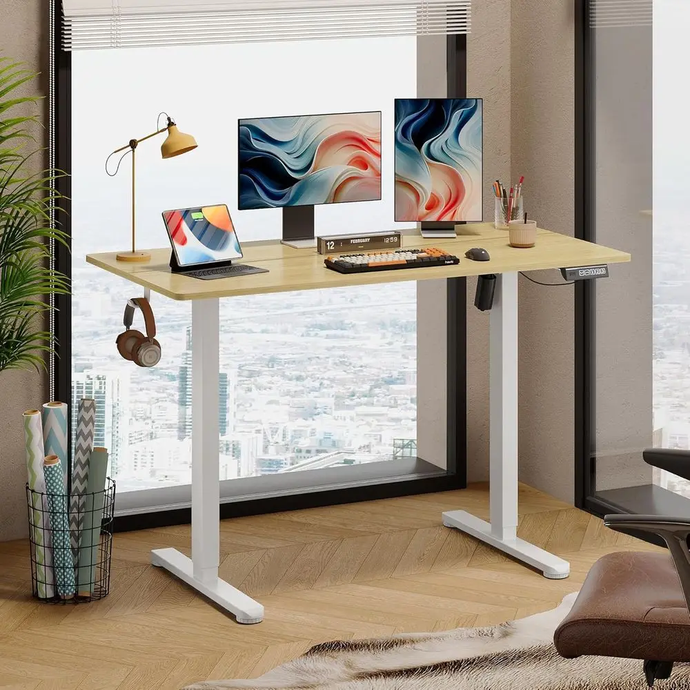 48 Maple Electric Standing Desk, Adjustable Sit-Stand Desk for Home Office, Ergonomic with LED Touchscreen, Cable Hook, 3 Memory