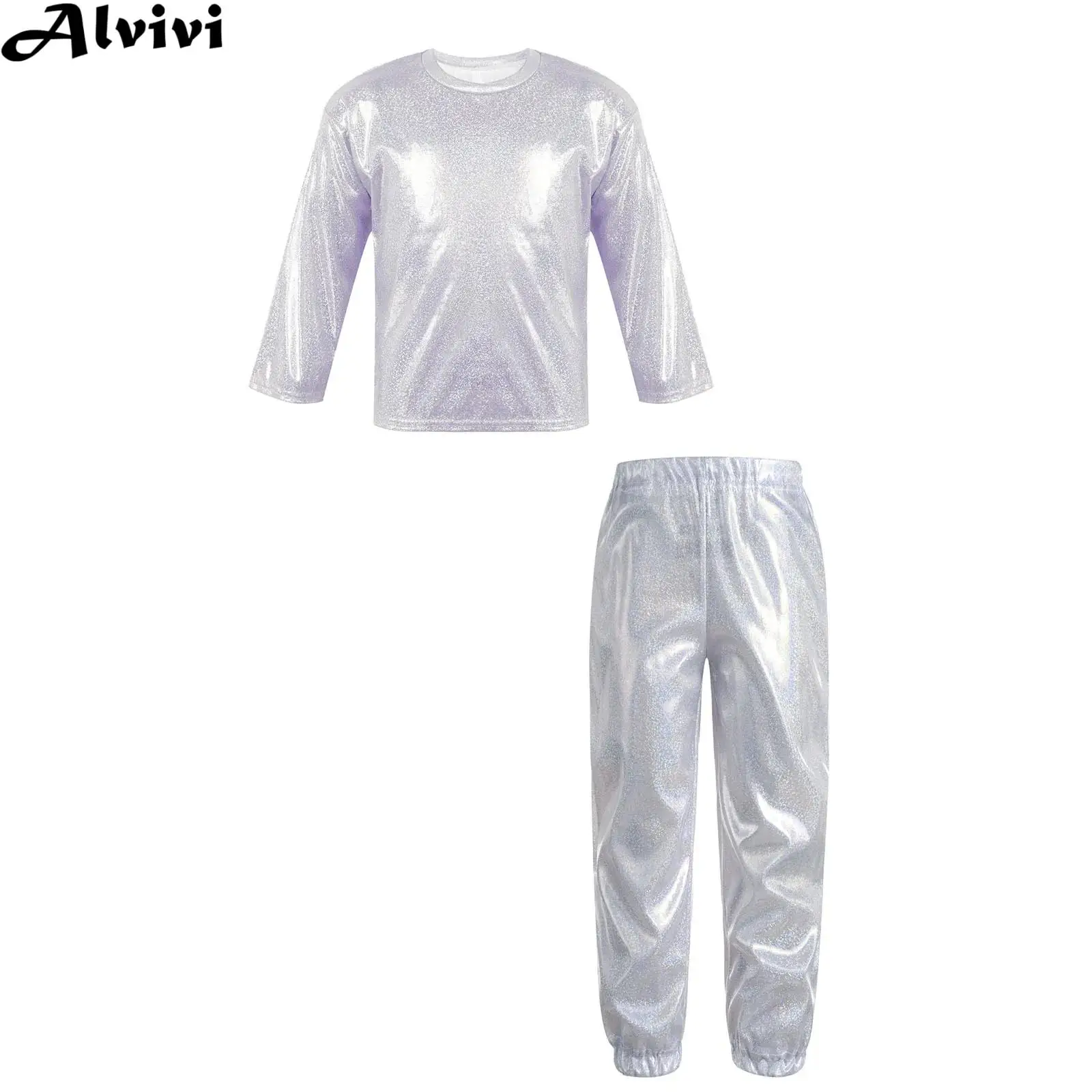 Children Jazz Dance Costume Hip Hop Street Dancing Stage Performance Outfit Metallic Shiny T-shirt with Glittery Pants Dancewear