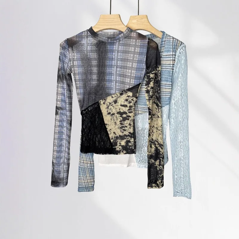 

A Niche Design Lace Patchwork Mesh Dress, A Thin, Sexy, Pure and Sensual Spice Girl Top, A Unique Long-sleeved T-shirt for Women