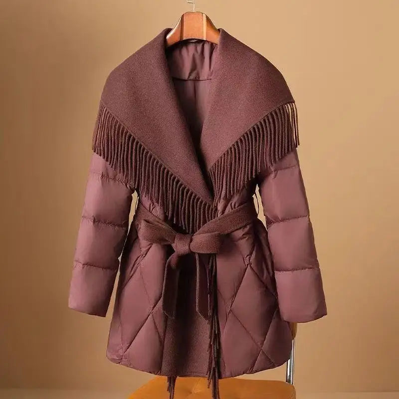 

2025 НОВЫЙ дизайн Sense, шерстяное лоскутное пуховое хлопковое пальто, женская зимняя куртка, корейское пальто с лацканами на талии и поясом, парковое пальто