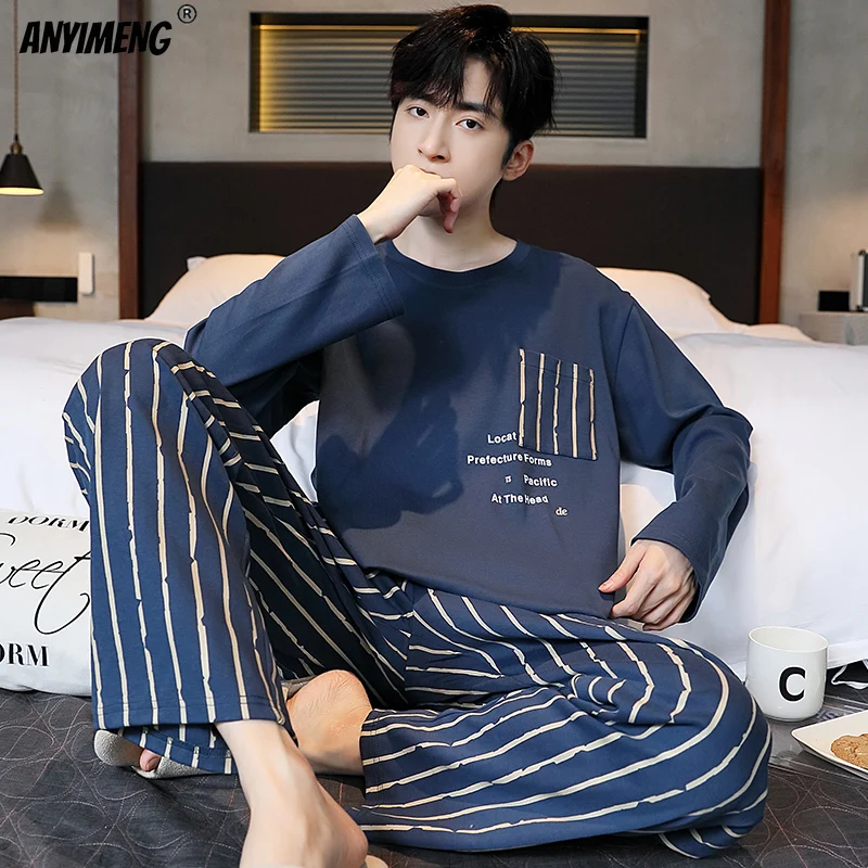 L-3XL Leisure Men Pajamas Autumn Winter Faux Cotton Fashion Round Collar Pajama Sets Long Sleeves Pijamas Gentleman Sleepwear