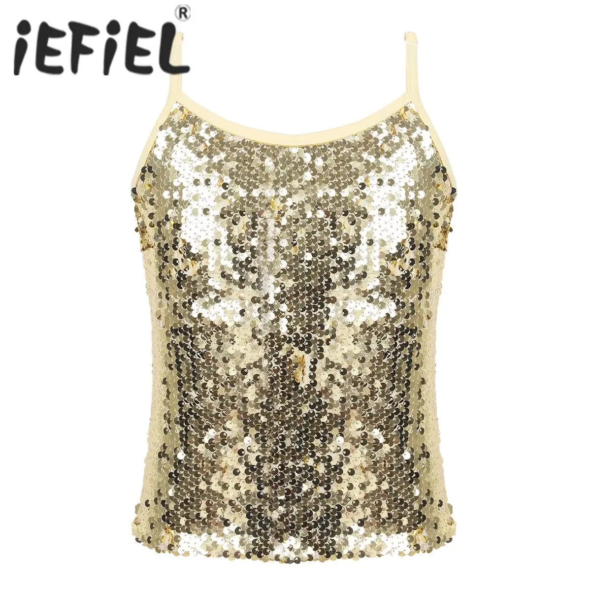 

Kids Girls Latin Jazz Hi Hop Dance Performance Costume Adjustable Spaghetti Shoulder Straps Sparkly Sequined Punk Tops Tank Top