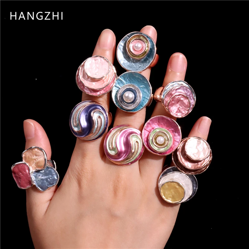 Hangzhi Bohemian Elastisch Touw Bloemenringen Voor Vrouwen Email Geometrische Parel Bruiloft Verstelbare Dikke Grote Vintage Sieraden
