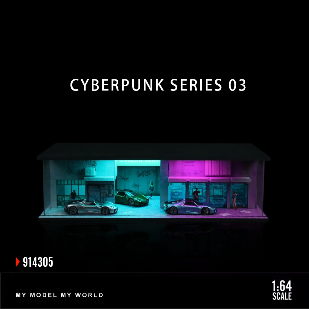 

Модель гаража автомобиля серии Cyberpunk, масштаб 1:64, диорама, модель гаража автомобиля со светодиодной подсветкой, парковочные лоты, городские наборы моделей «сделай сам», Collectio