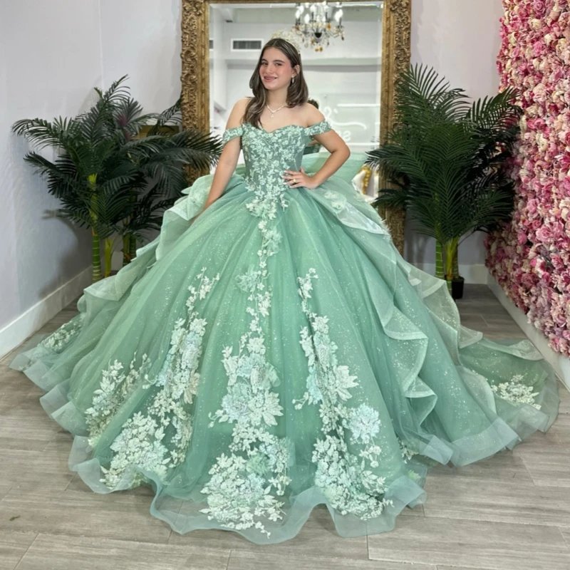 

Мятно-зеленые блестящие платья Quinceanera с открытыми плечами, аппликация, кружево, бисер, кристалл, бант, тюлевое платье для вечеринки, дня рождения, сладкое платье 16, Vesti