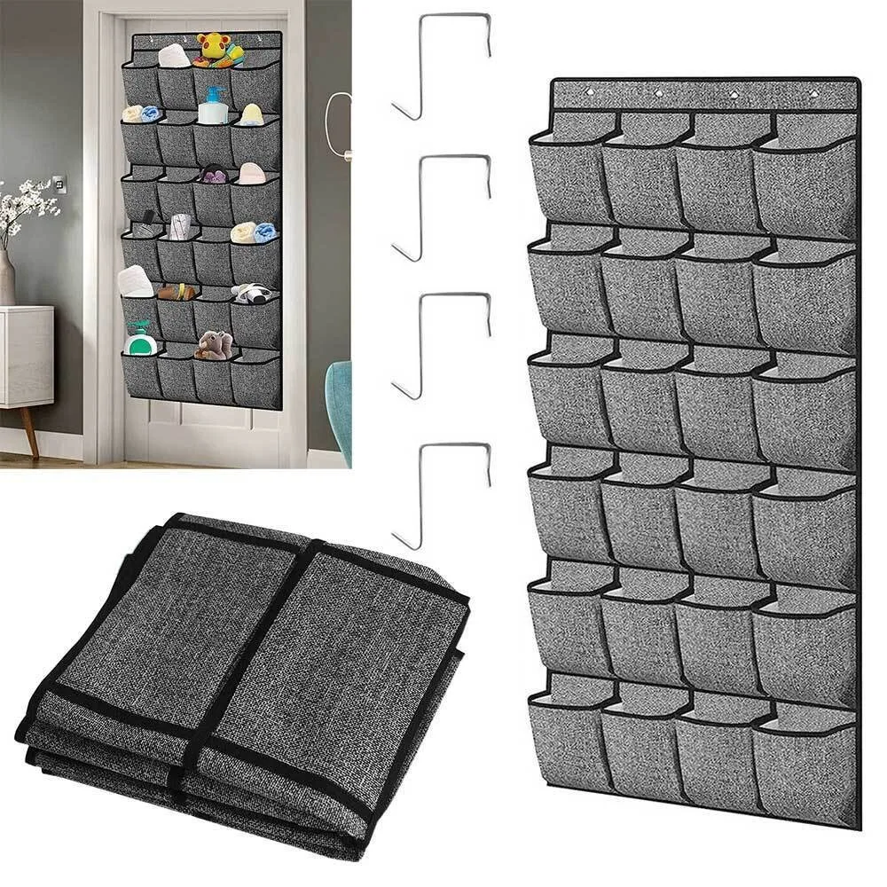 Durable 24 Pocket Over Door Hanging Shoe Rack Grey Large Closet Organizer Non-woven Storage Bag Hanging Shoe Holder