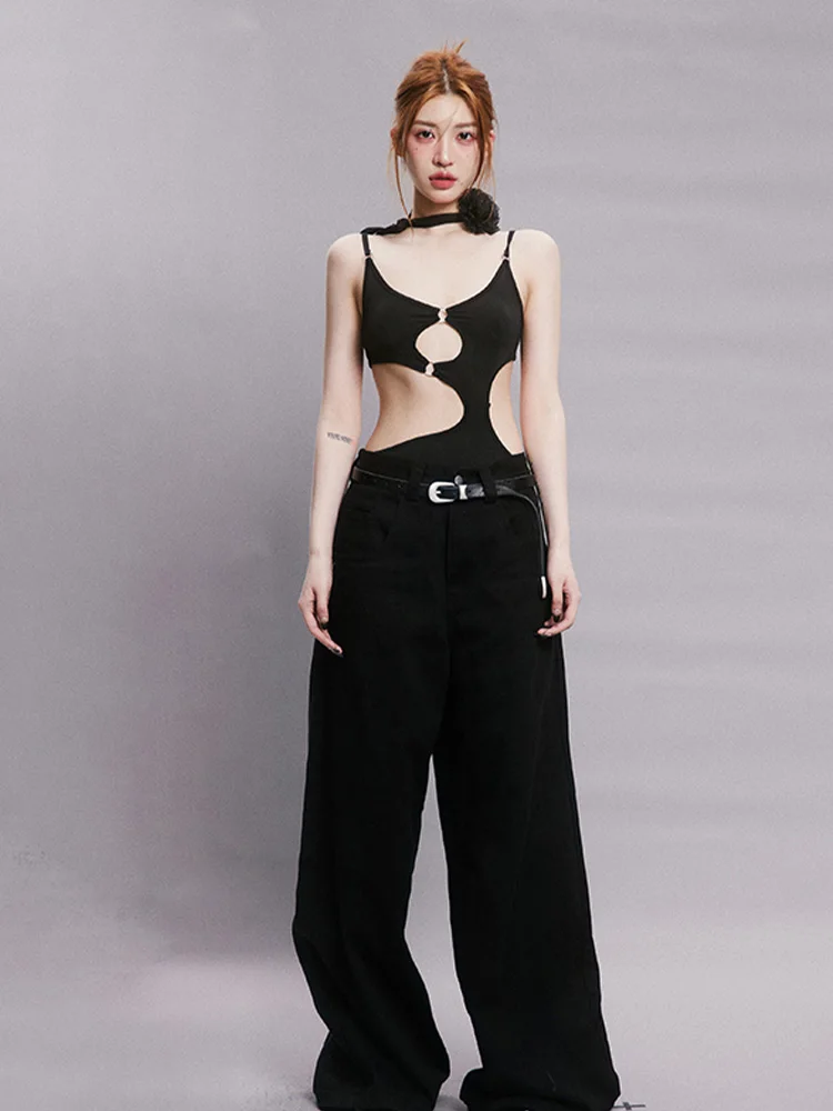 المرأة بلا أكمام الخامس الرقبة السباغيتي حزام ارتداءها الأسود الجوف خارج الهذيان القوطي الزي الخلفي هوك إغلاق فاسق الأعلى #5