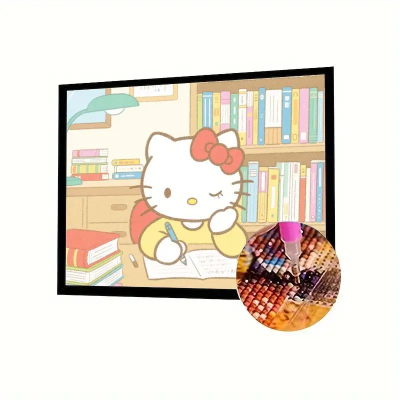 

1PC Hello Kitty Studying at Desk 5D Diamond Painting Kit, Full Drill Cartoon DIY Rhinestone Embroidery Cross Stitch Art Craft fo