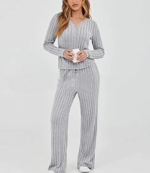 

2026 Autumn New Women's 2-Piece Solid Color Simple V-Neck Pit Strip Long Sleeve T-Shirt High Waist Strap Straight Pants Set