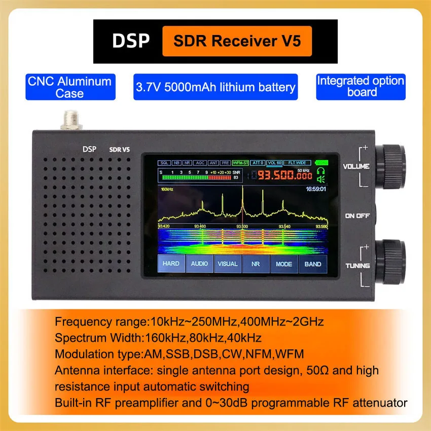 Portable DSP SDR 1.10d Radio Receiver V5 With 3.5 inch LCD screen Metal Case 5000mAh AM CW SSB NFM WFM ﻿