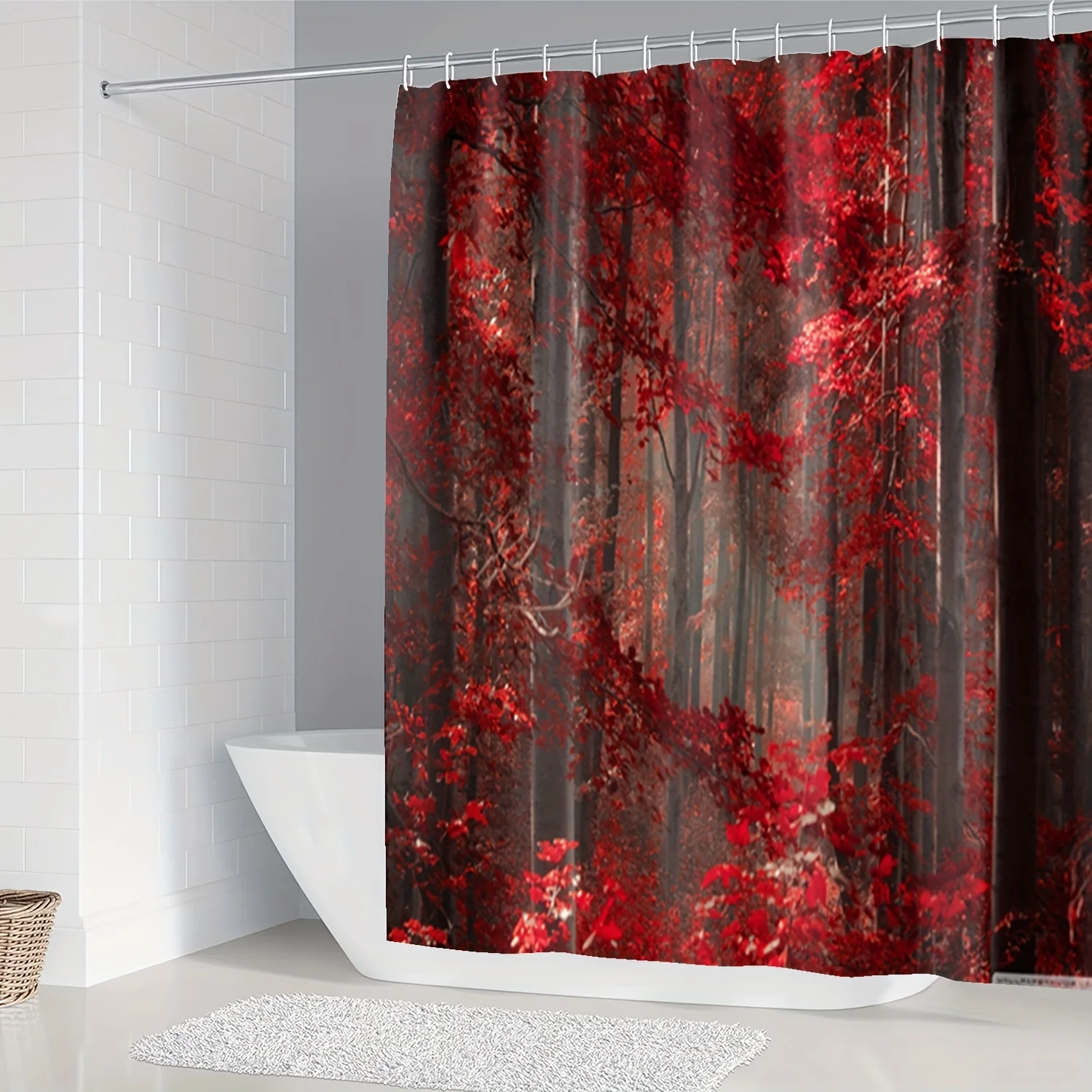 Mystical Red Forest Bathroom Four-Piece Set - Featuring a Stunning Design with Deep Red Leaves and Dark Trees, Perfect