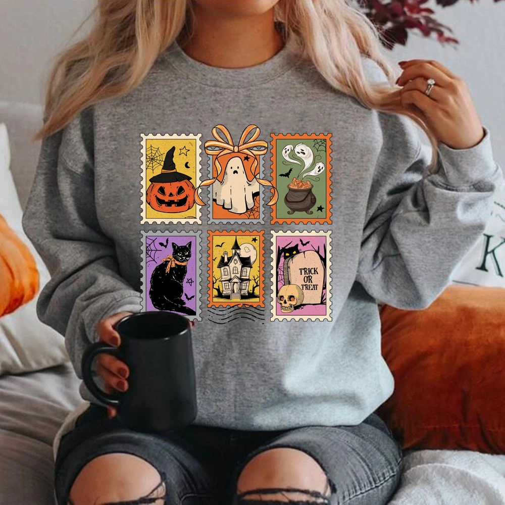 Retro Halloween Cat Ghost Sweatshirt Spooky Season Hoodie Unisex Casual Sweatshirts Pumpkin Halloween Pullover Streetwear Tops