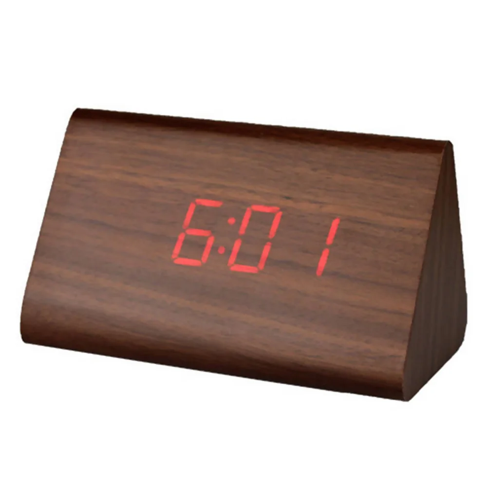 

Led Wooden Alarm Clock Sound Control Temperature Display Red Digital Screen Modern Desk Clock For Home Brown Wood
