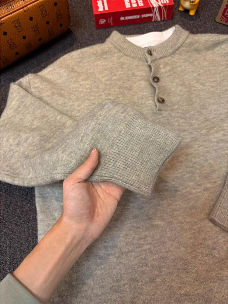 Men's Knitted Henry Collar Sweater Autumn Lazy Sle High-End Knitwear American Retro Base irt Soft Polyester Blend Long Sl...