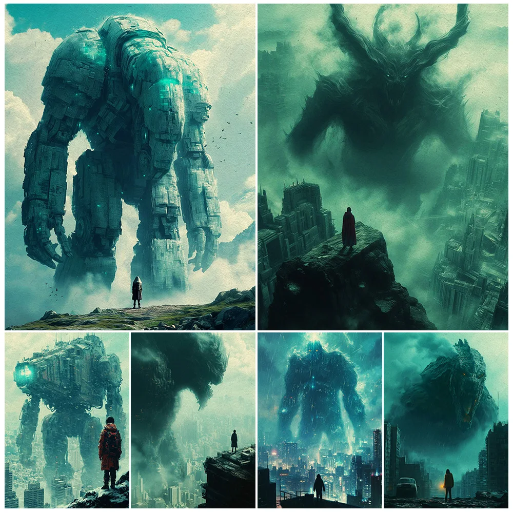 Giant Beasts And Mechas Roaming The City,Vintage Wall Art Canvas Painting Creepy Surreal Fantasy Gothic Art Poster Print Decor