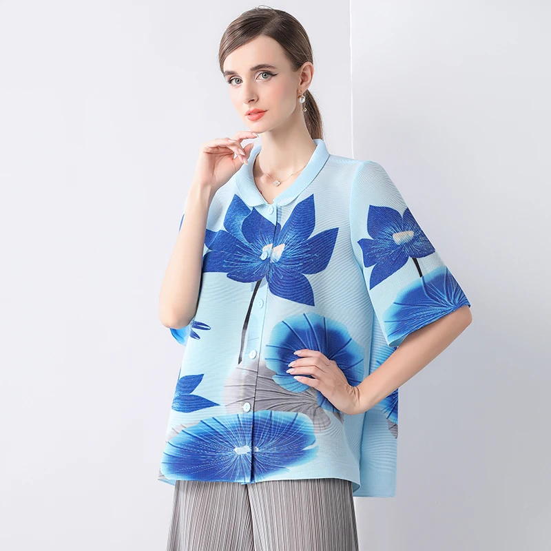 

Осенний плиссированный топ 2025, женская куртка в китайском стиле с принтом птичьего кленового листа, рукав семь четвертей, куртка со средним рукавом разных цветов