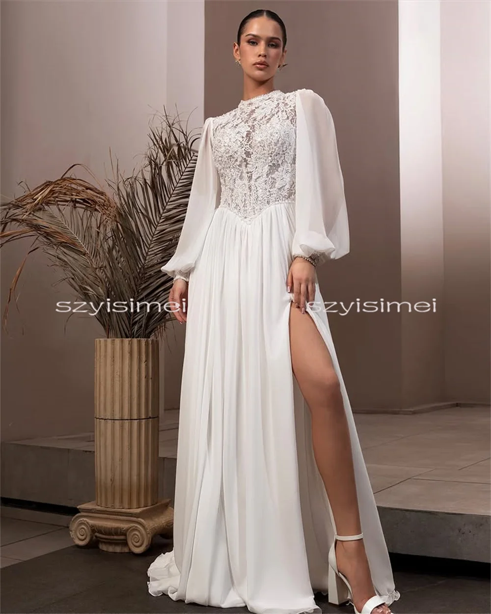 럭셔리 하이넥 레이스 아플리케 웨딩드레스 긴팔 A라인 앞트임 맞춤 제작 가능 웨딩드레스 202