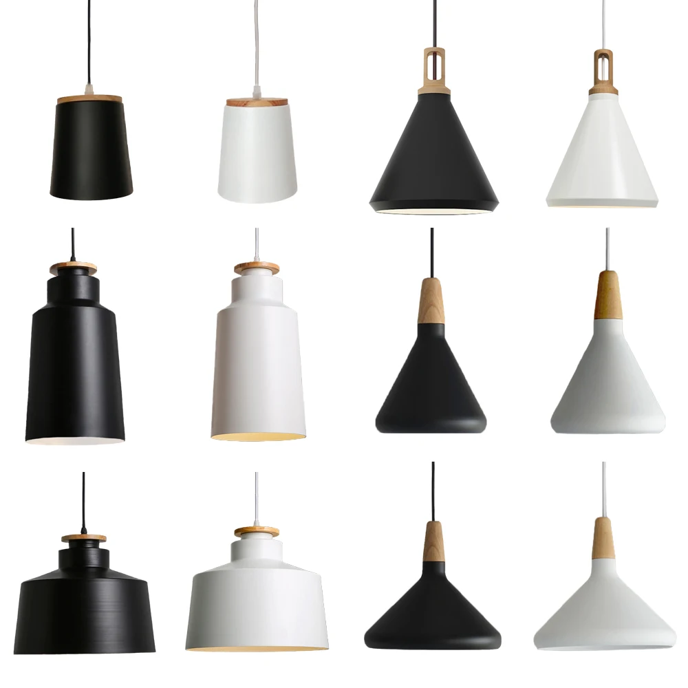

GEW Minimalist E27 Pendant-Lights Loft-Lamp Wood Aluminum Lampshade Bar Cafe Restaurant Matt Black White Hanging-Lights Fixtures