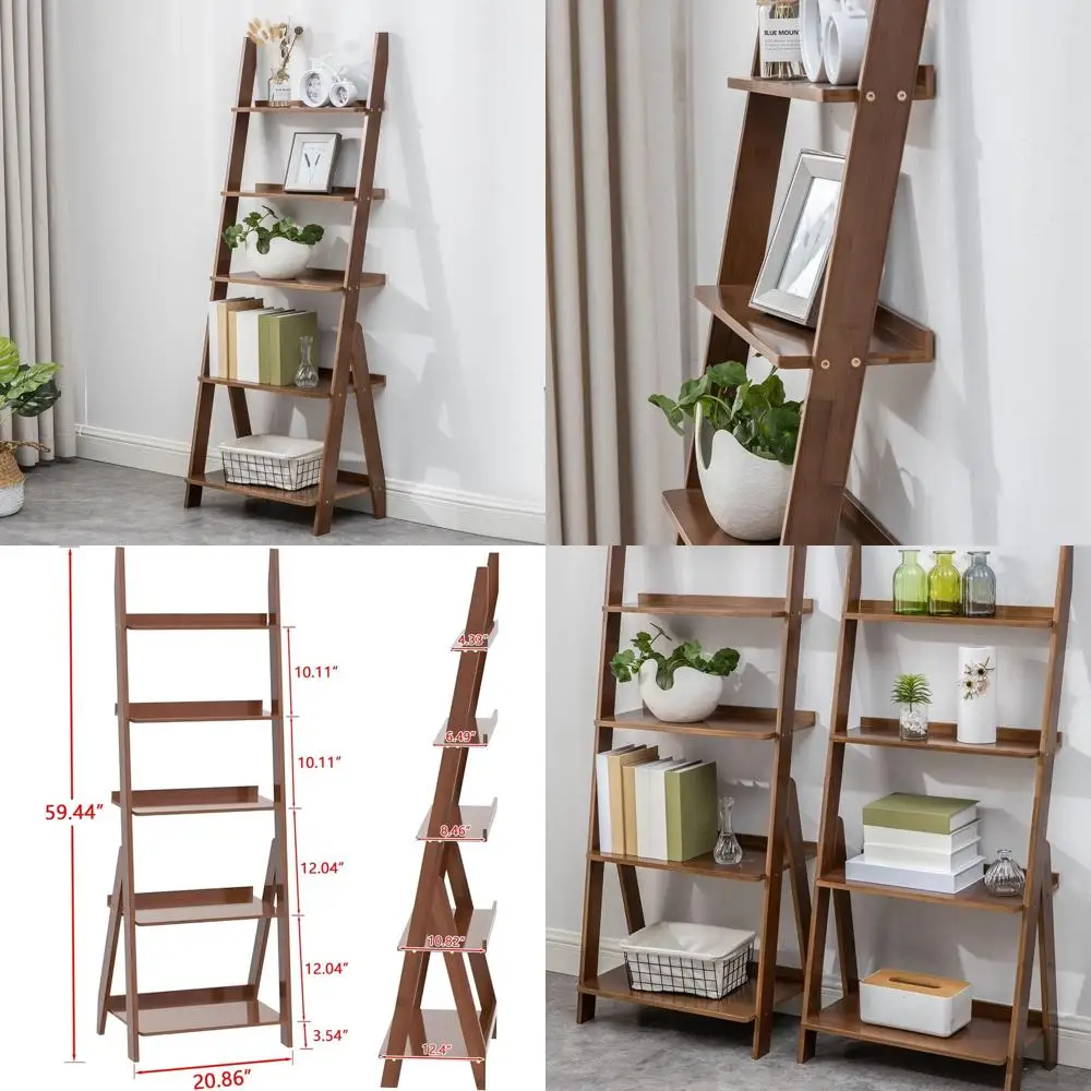 

5-уровневая бамбуковая книжная полка — отдельно стоящий органайзер для хранения для дома, офиса и балкона с отделкой из орехового дерева