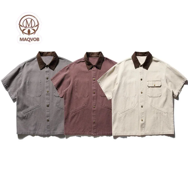 

HELLOMARCEL EU US Size Top Quality Spring Summer Unisex Loose Fit Washed Detroit Vintage Half Sleeve Work Linen Shirt